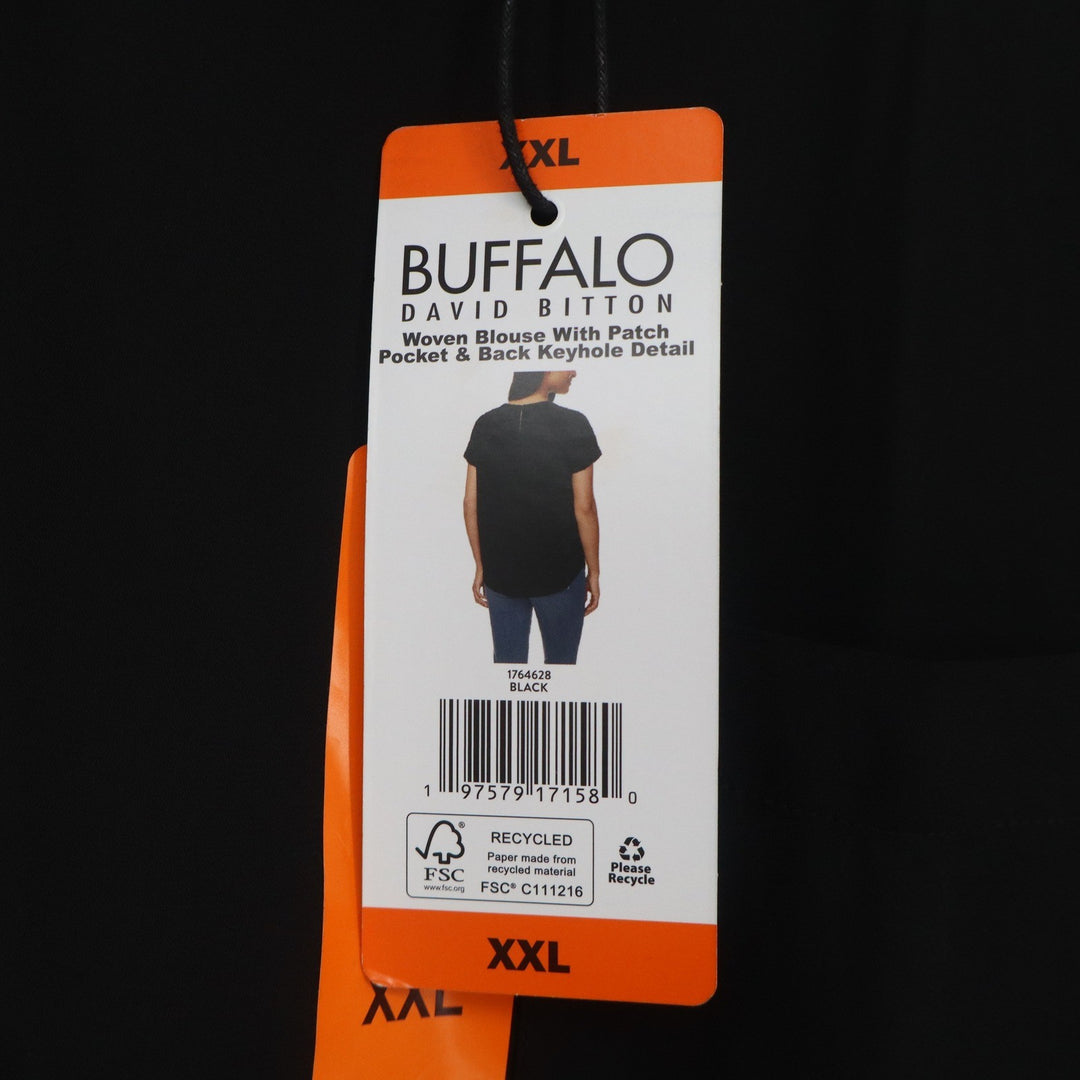 Buffalo David Bitton Womens XXL Black Woven Blouse Short Sleeve Pocket Keyhole