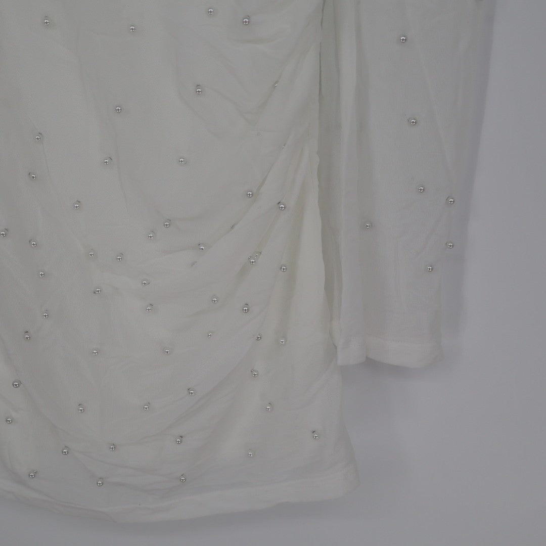Lulus Admirably Divine Mini Dress Womens Small White Mesh Pearl Long Sleeve