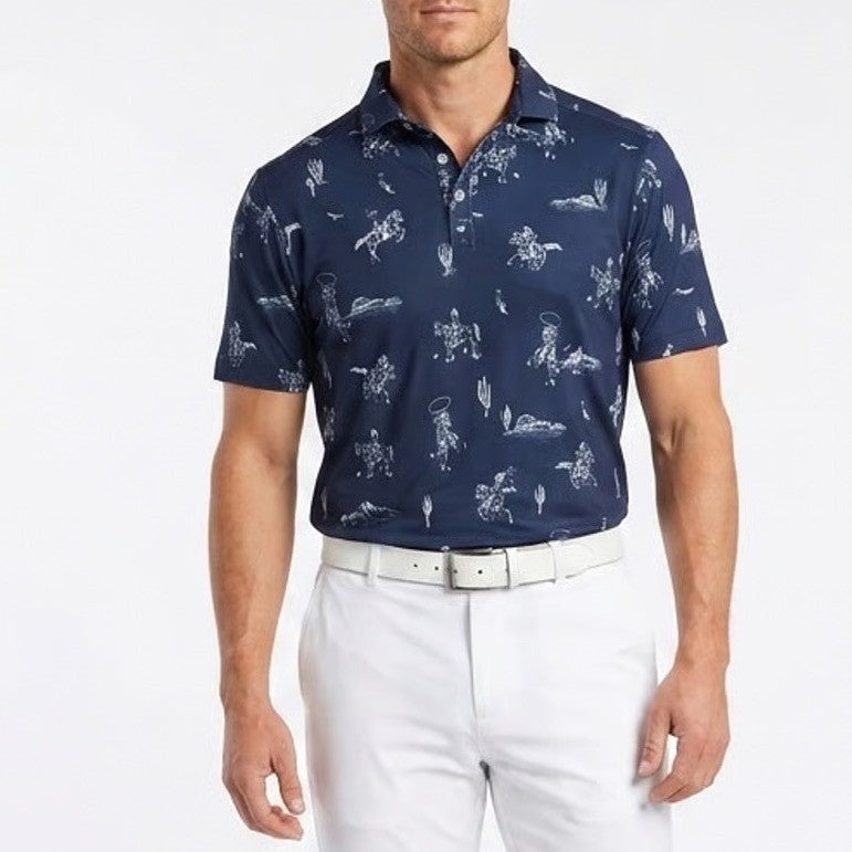 Bad Birdie Yeehaw Dark Navy Cowboy Print Golf Polo Shirt Mens Small