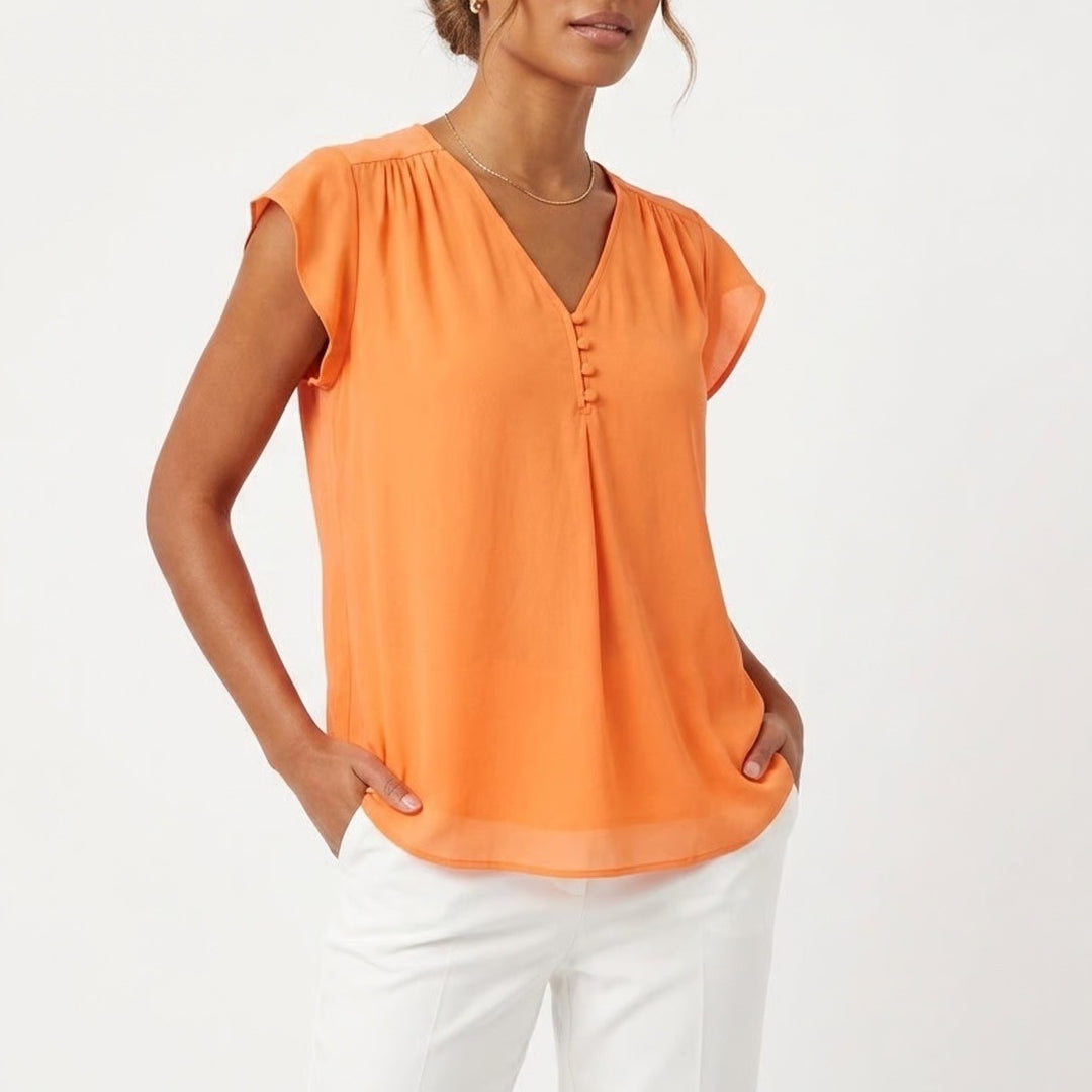 Maison d'Amélie Orange Cap Sleeve V-Neck Henley Blouse Size L