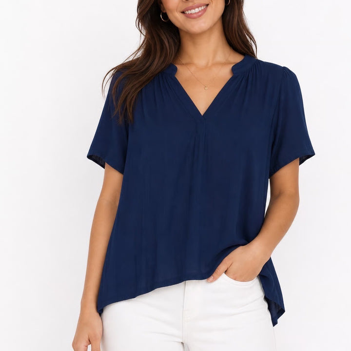 Nine Britton Navy Blue Split V-Neck Short Sleeve High-Low Blouse Top Large