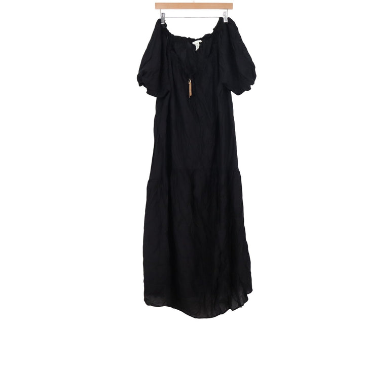 H&M Black Off Shoulder Maxi Dress XL Boho Puff Sleeve Tiered Tassel Tie Neck