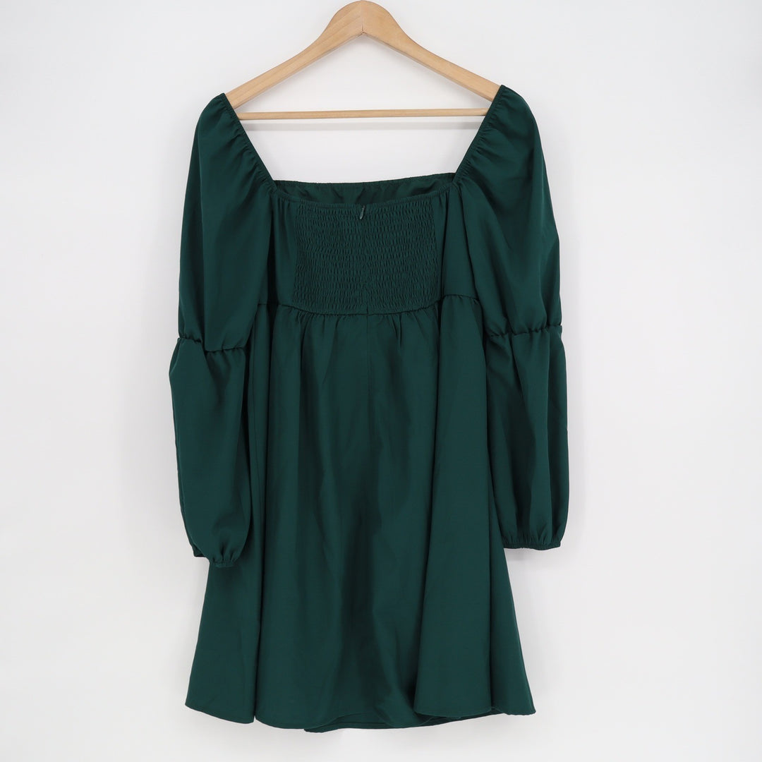 Exlura Dark Green Square Neck Puff Sleeve Smocked Back Mini Dress DR137 Large