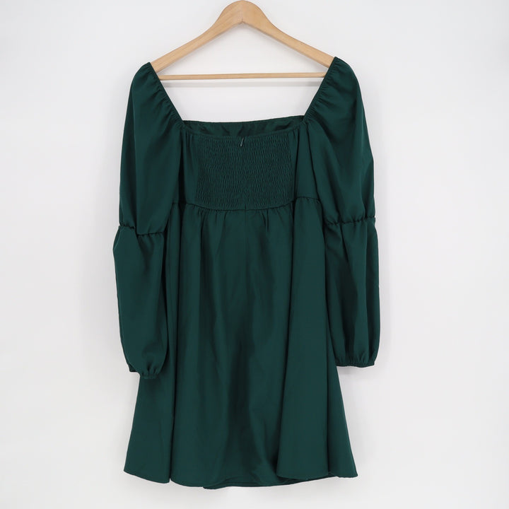 Exlura Dark Green Square Neck Puff Sleeve Smocked Back Mini Dress DR137 Large