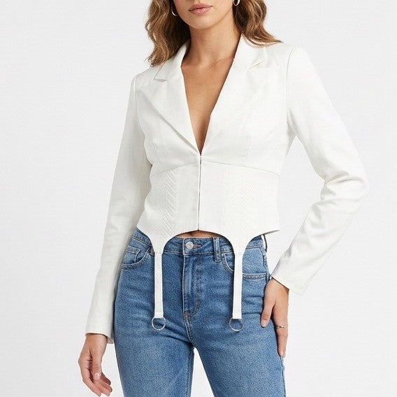 Naked Wardrobe The Statement Ivory Cropped Garter Blazer Top Small