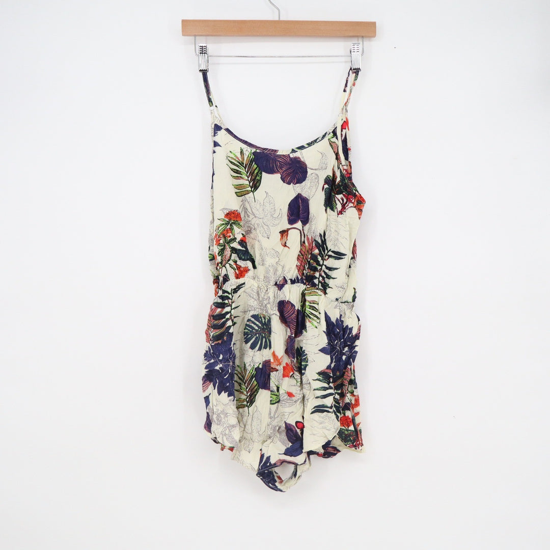 Tropical Floral Rayon Romper Jumpsuit Cream Navy Medium