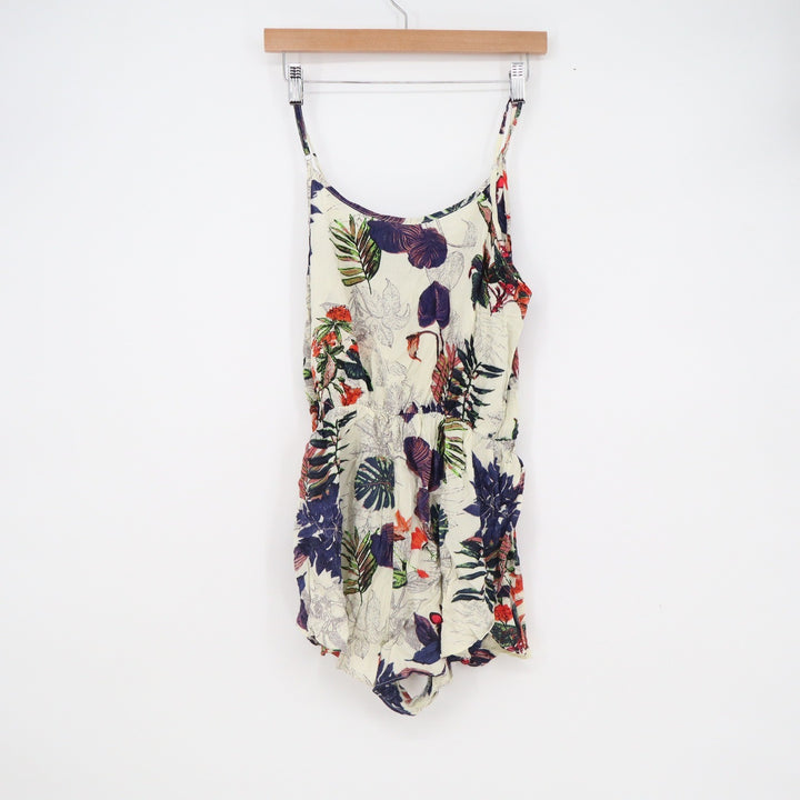Tropical Floral Rayon Romper Jumpsuit Cream Navy Medium