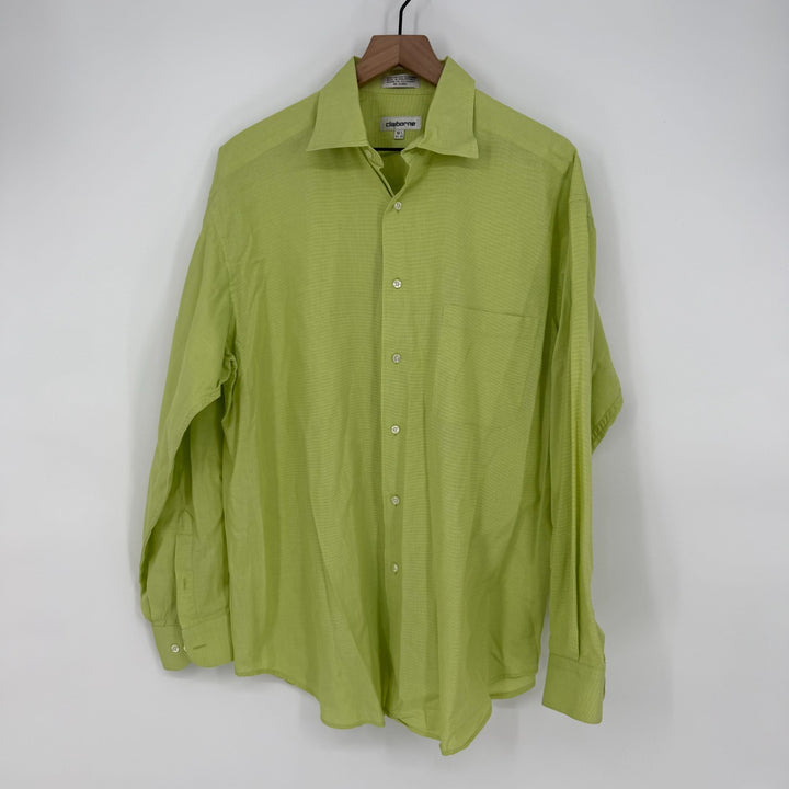 Claiborne Dress Shirt Mens 16.5 Lime Green Check Cotton Pocket Button Up Formal