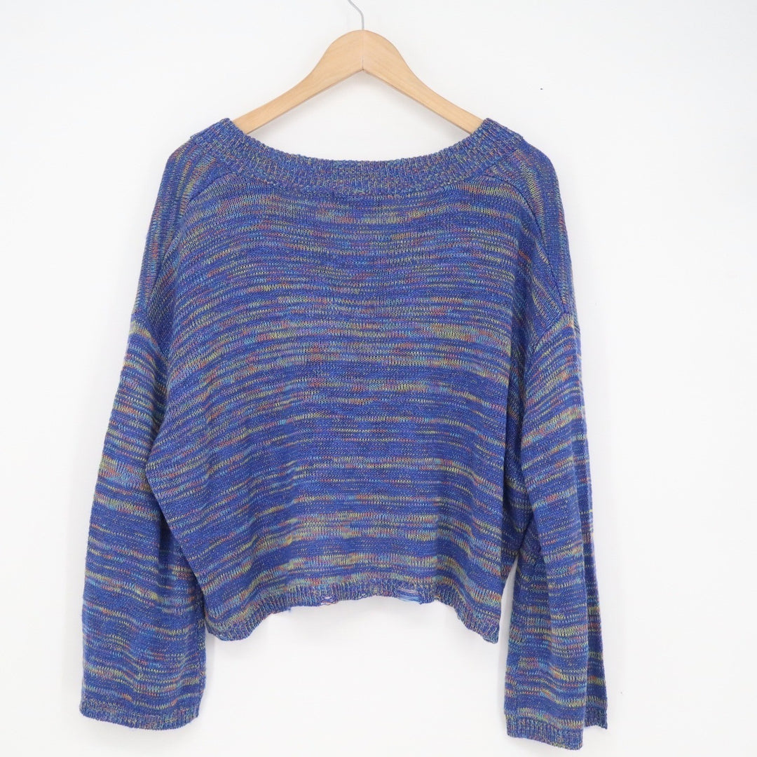 Kerisma Blue Multi Space Dye Distressed Cropped V-Neck Knit Sweater