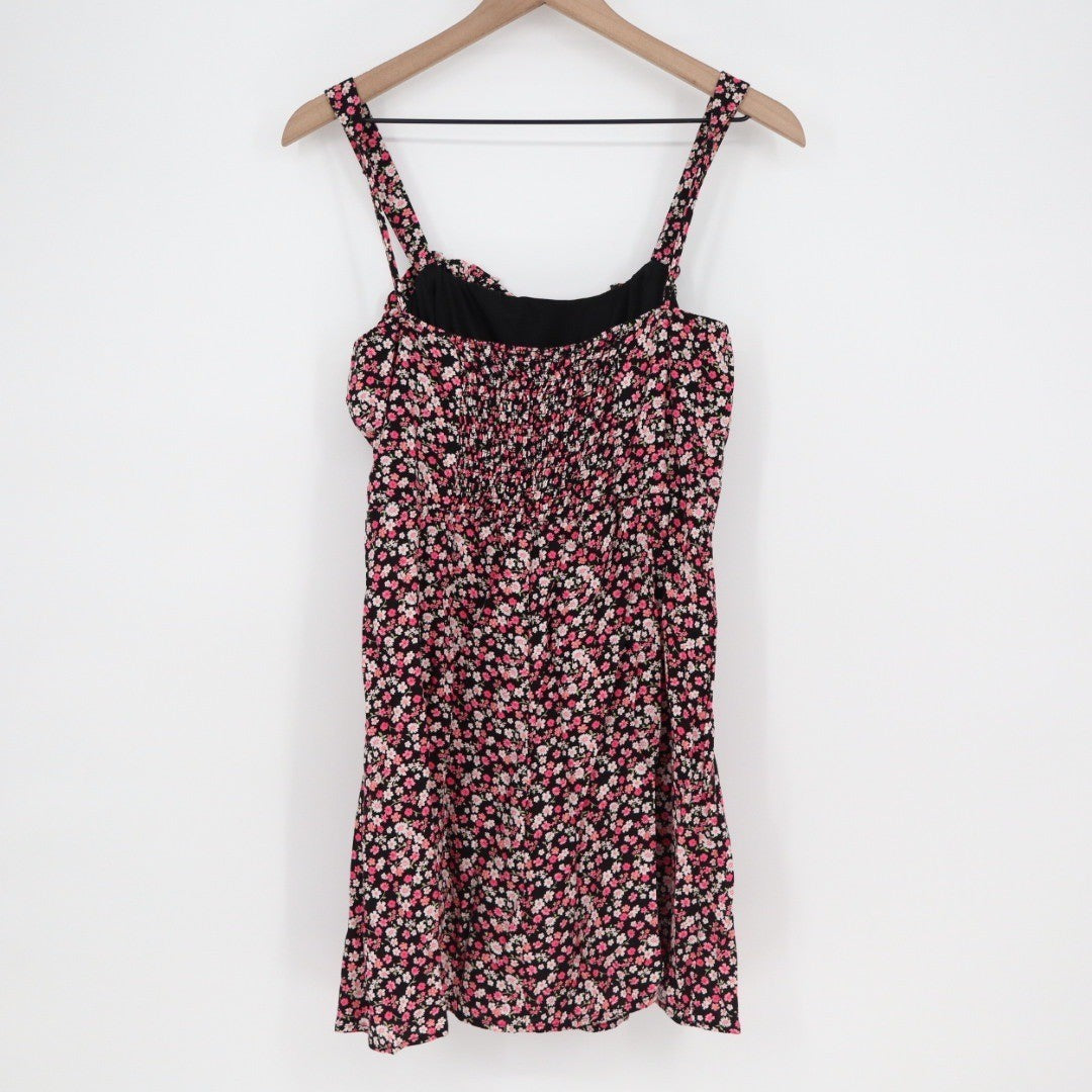 ROW A Floral Print Smocked Bodice Mini Dress Women's Size M Pink Black