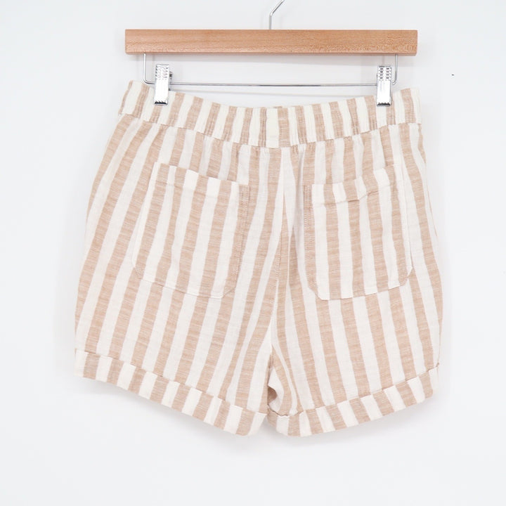 Old Navy Tan White Striped Linen Cotton Blend Elastic Waist Shorts Small