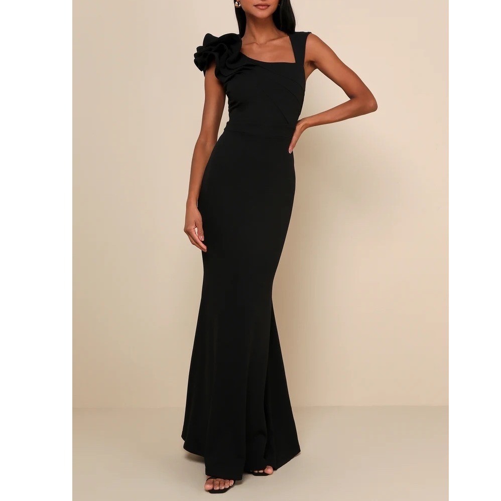 Lulus Lucette Maxi Dress Womens Medium Black Sleeveless Ruffled Mermaid Back Zip