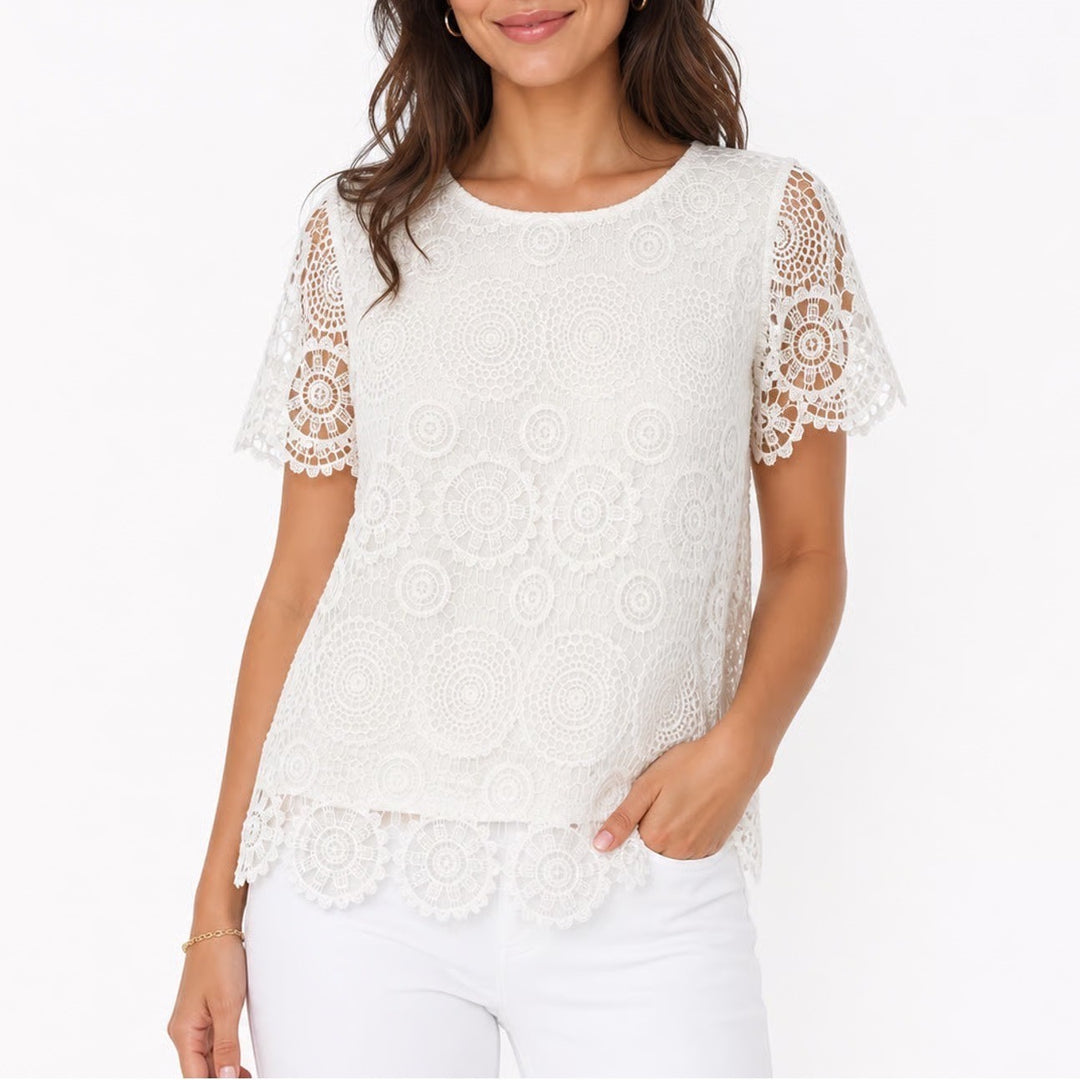 Vicki Wayne Womens Ivory Floral Medallion Lace Short Sleeve Blouse Large