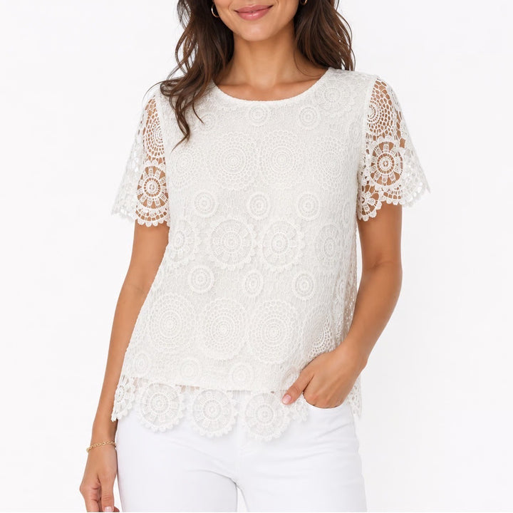 Vicki Wayne Womens Ivory Floral Medallion Lace Short Sleeve Blouse Large