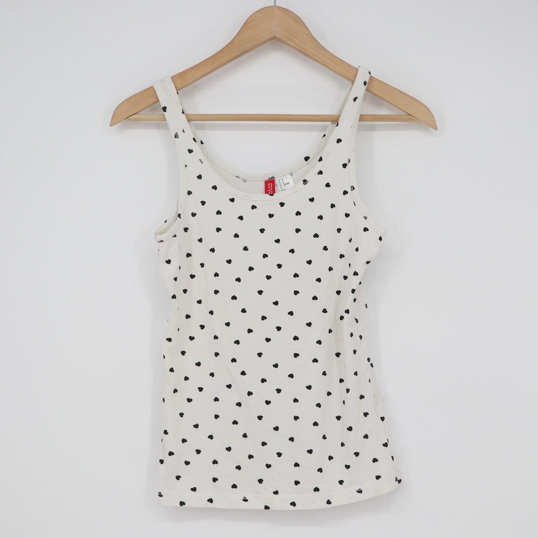H&M Divided Womens Heart Print Tank Top White Black Scoop Neck Size 6