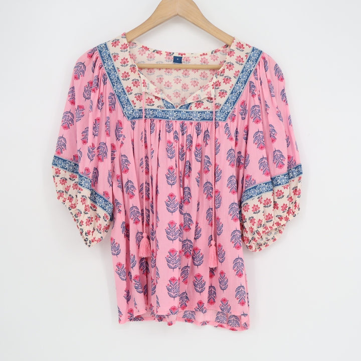 Old Navy Tunic Top Womens Medium Pink Floral Pleated Short Sleeve Split Neck