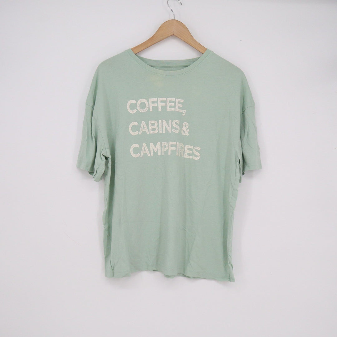 Natural Reflections Sage Green Coffee Cabins Campfires Graphic Tee Large