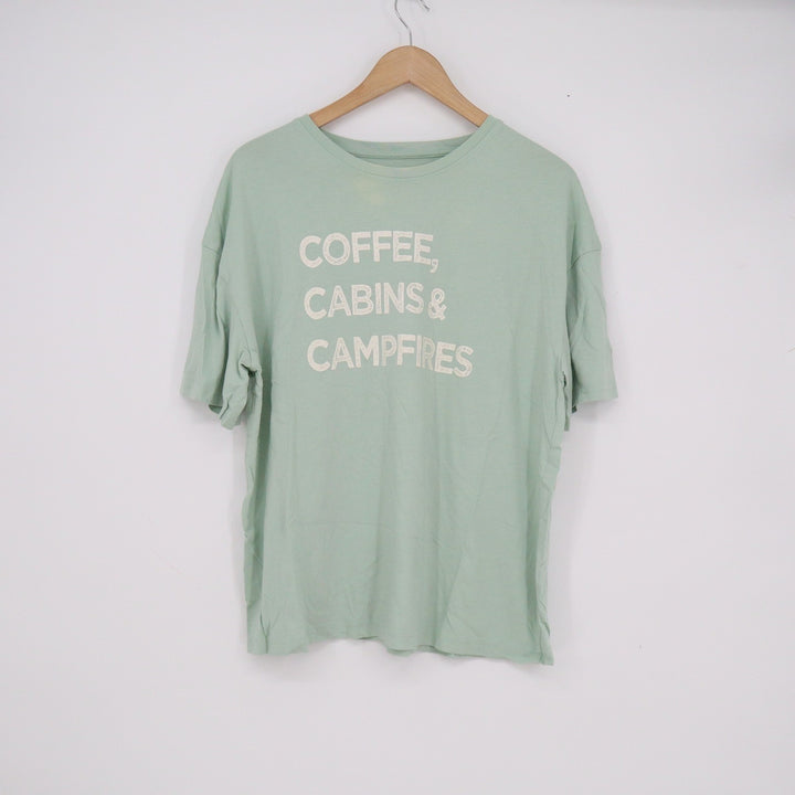 Natural Reflections Sage Green Coffee Cabins Campfires Graphic Tee Large