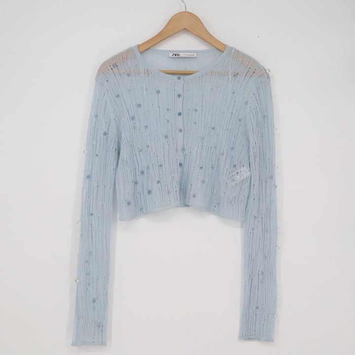 Zara Light Blue Beaded Pointelle Cropped Cardigan Long Sleeve Knit Top Size M