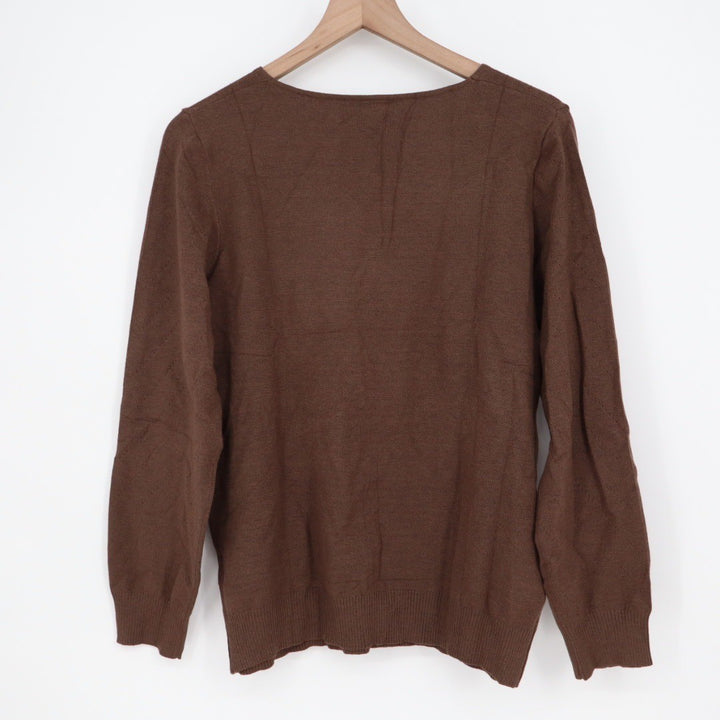 Brown V Neck Textured Knit Pullover Sweater Long Sleeve Size L
