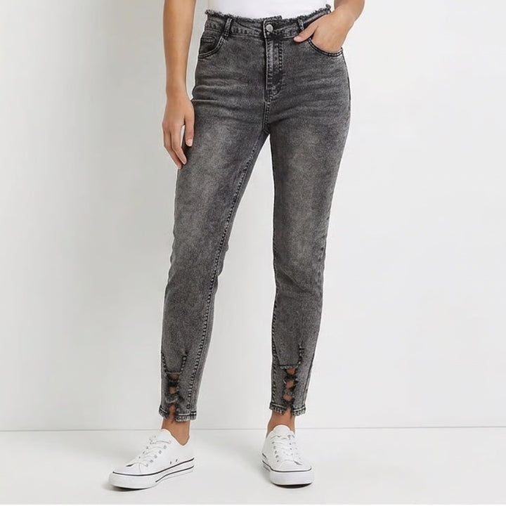 Acid Wash Black Distressed Skinny Jeans High Rise Raw Hem Size XL
