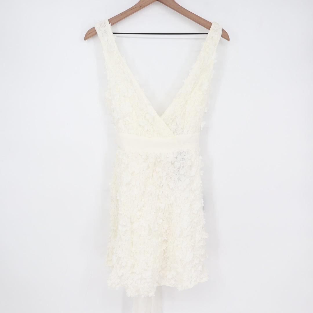 Lulus Totally Beautiful Mini Dress Womens Small White 3D Floral Tie-Strap Skater