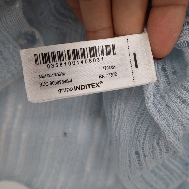 Zara Light Blue Beaded Pointelle Cropped Cardigan Long Sleeve Knit Top Size M