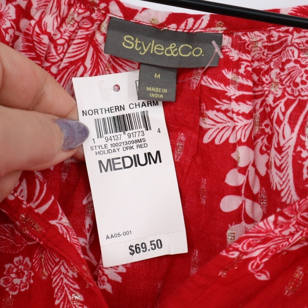 Style & Co Tunic Top Womens Medium Red White Floral Cotton 3/4 Sleeve Split Neck