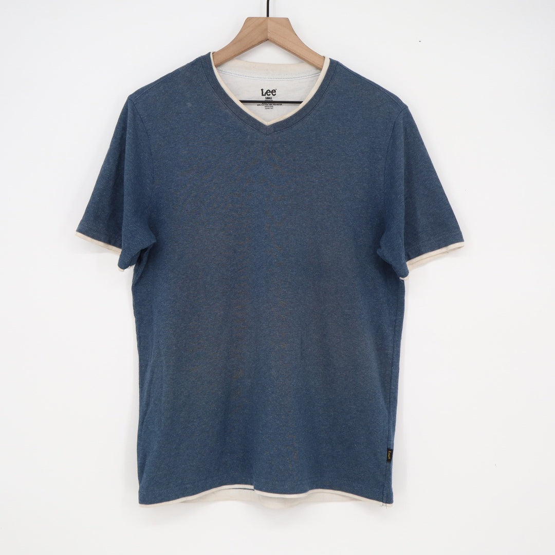 Lee Mens V-Neck T-Shirt Small Regular Fit Heather Blue Cream Contrast Trim