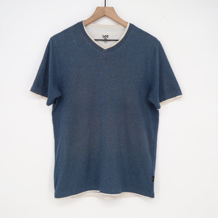 Lee Mens V-Neck T-Shirt Small Regular Fit Heather Blue Cream Contrast Trim