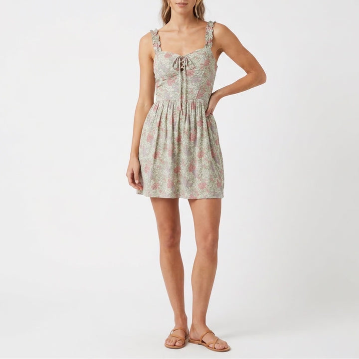 AUW Floral Mini Dress L Green Pink Ruffle Strap Smocked Back Womens