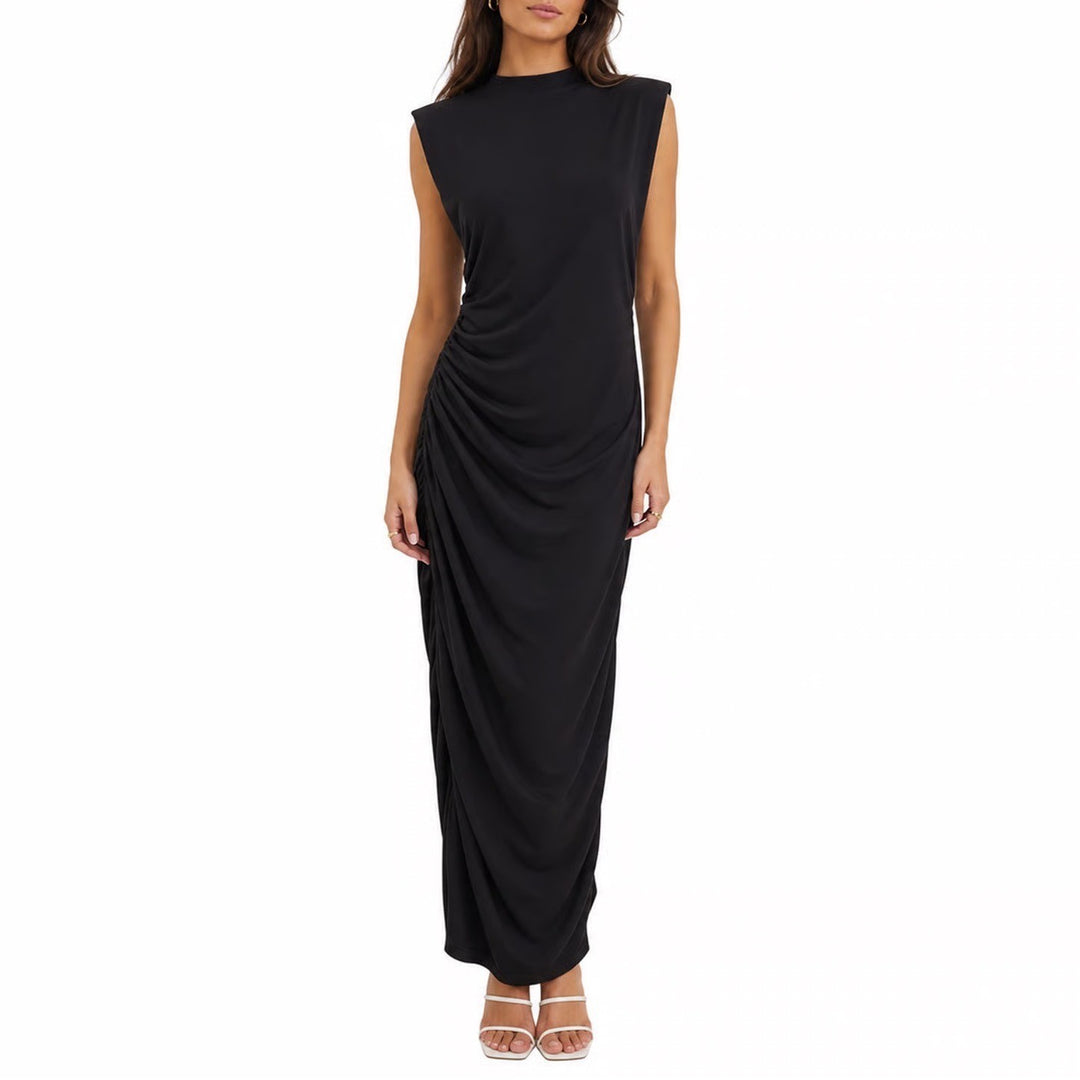 Stile Collection Crescent Black Ruched Side Midi Dress Large Sleeveless