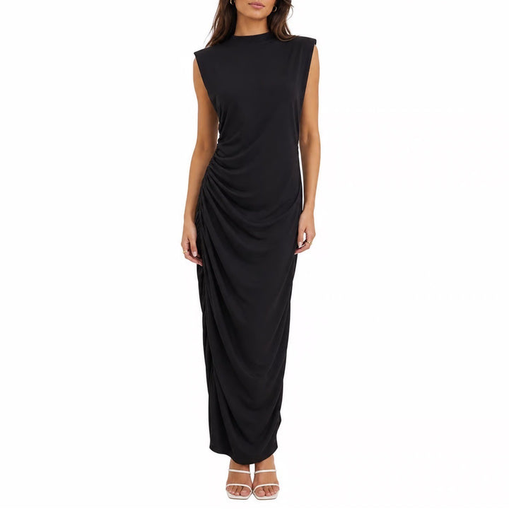 Stile Collection Crescent Black Ruched Side Midi Dress Large Sleeveless