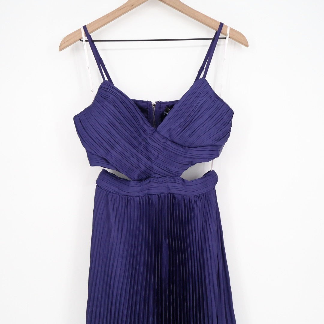 Lulus Got the Glam Maxi Dress Womens Small Navy Blue Lined Satin Pleated Cutout