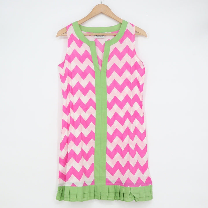 Malabar Bay Pink Chevron Organic Cotton Sleeveless Shift Dress Green Trim Medium