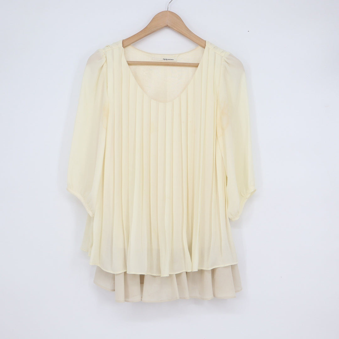 Mysty Woman Cream Yellow Pleated Tunic Blouse Layered Ruffle Hem Size M