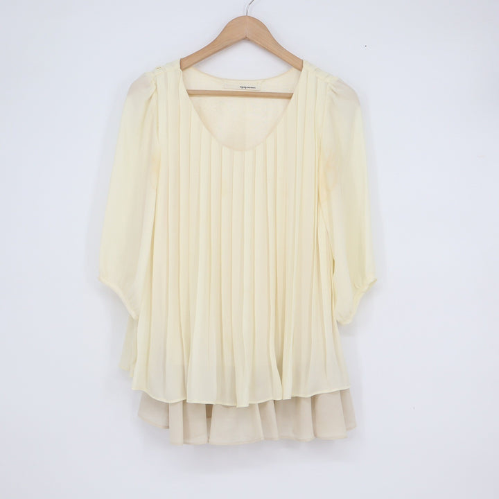 Mysty Woman Cream Yellow Pleated Tunic Blouse Layered Ruffle Hem Size M