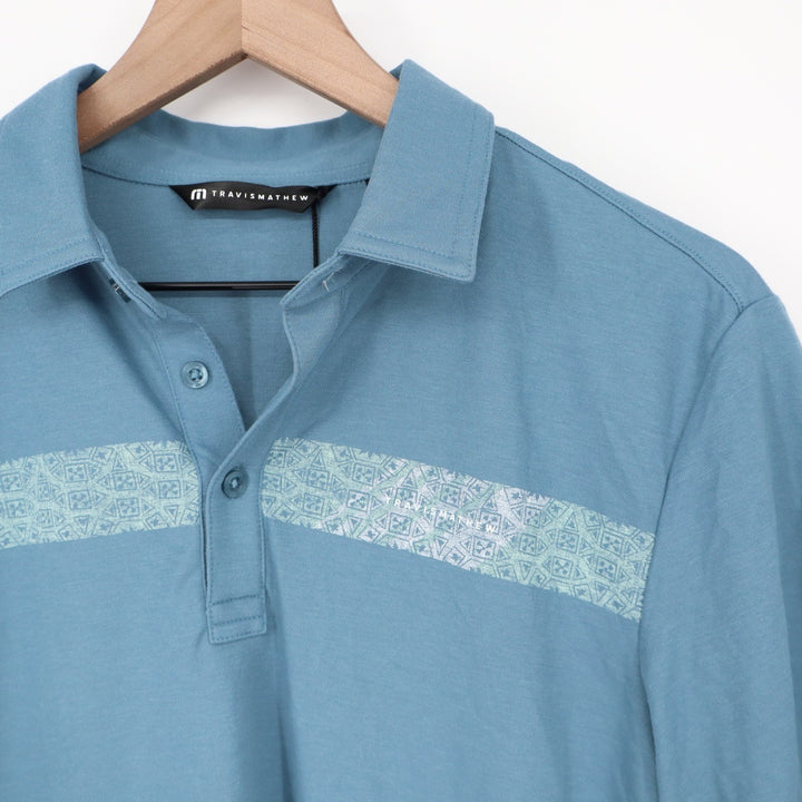 TravisMathew Full Flight Blue Geometric Stripe Polo Shirt Mens Size S NEW