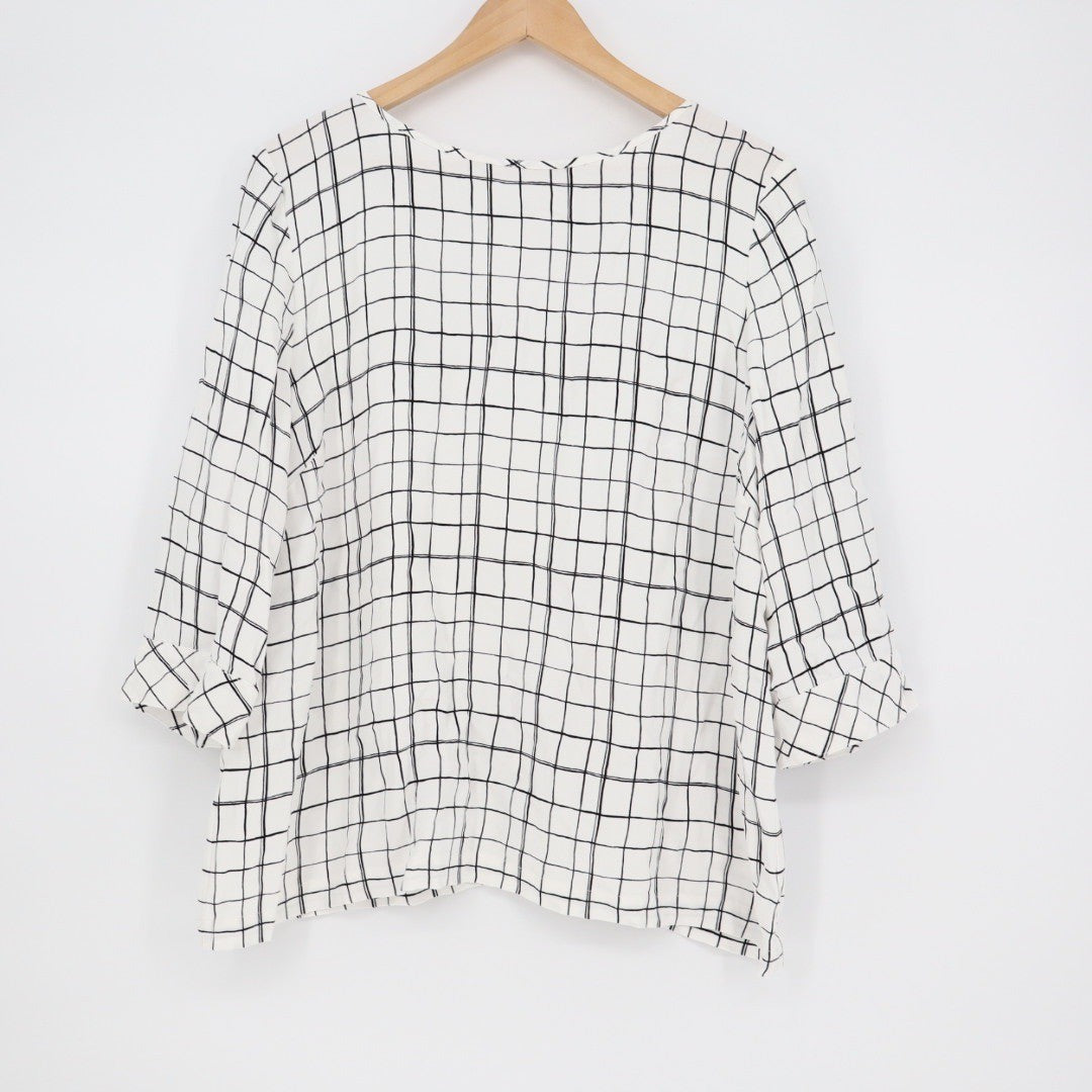 J. Jill White Black Grid Print 3/4 Sleeve Blouse Shirt Top Women's XL