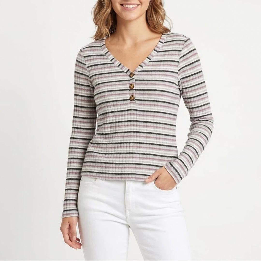 Striped Ribbed Knit Henley V-Neck Long Sleeve Top Grey Burgundy
