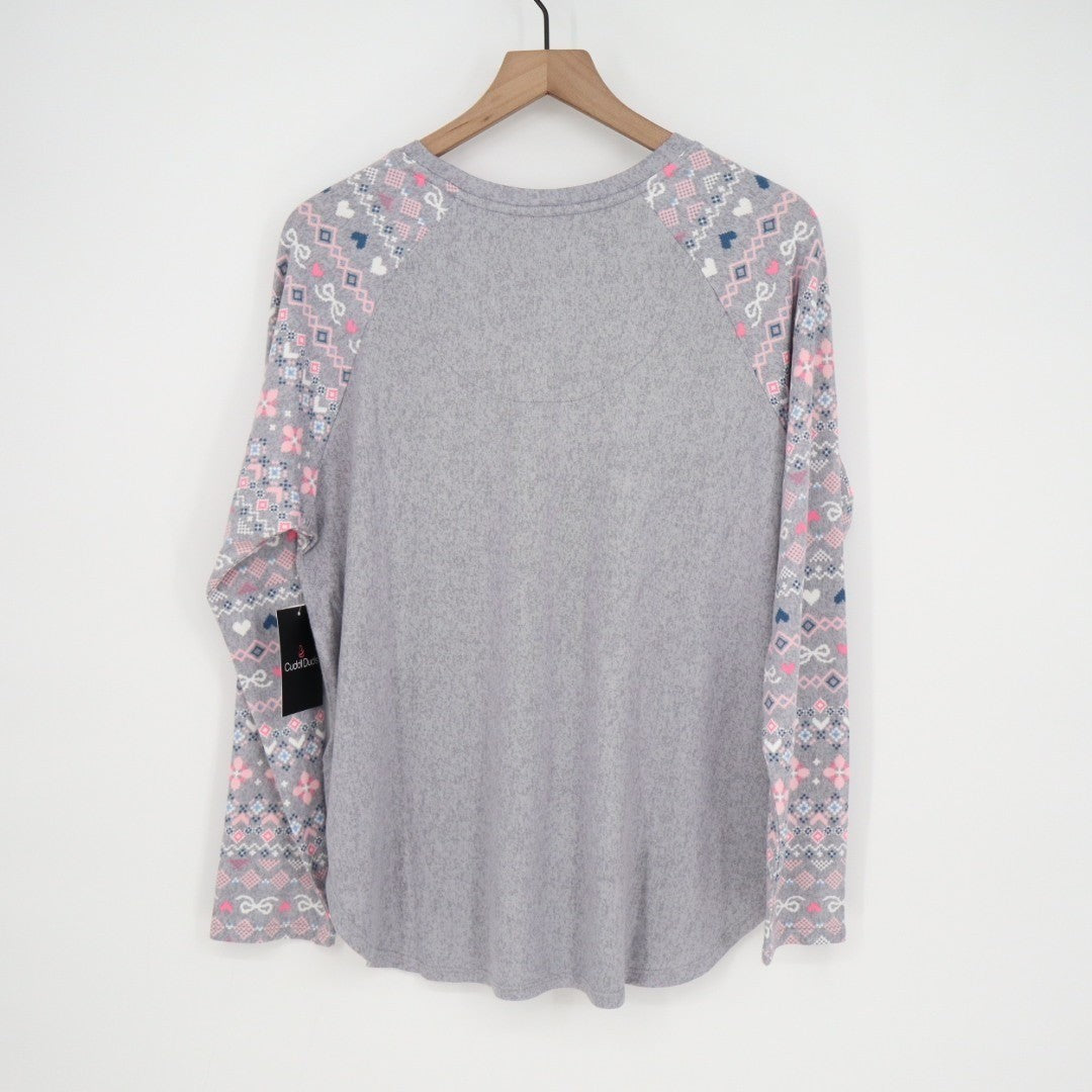 Cuddl Duds Pajama Top Womens Large Gray Floral Stretch Long Sleeve Crew Neck