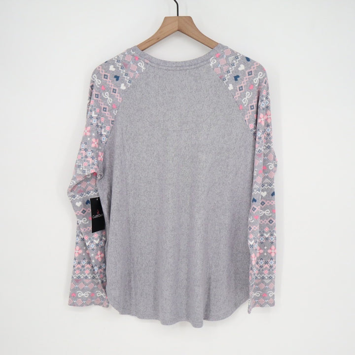 Cuddl Duds Pajama Top Womens Large Gray Floral Stretch Long Sleeve Crew Neck