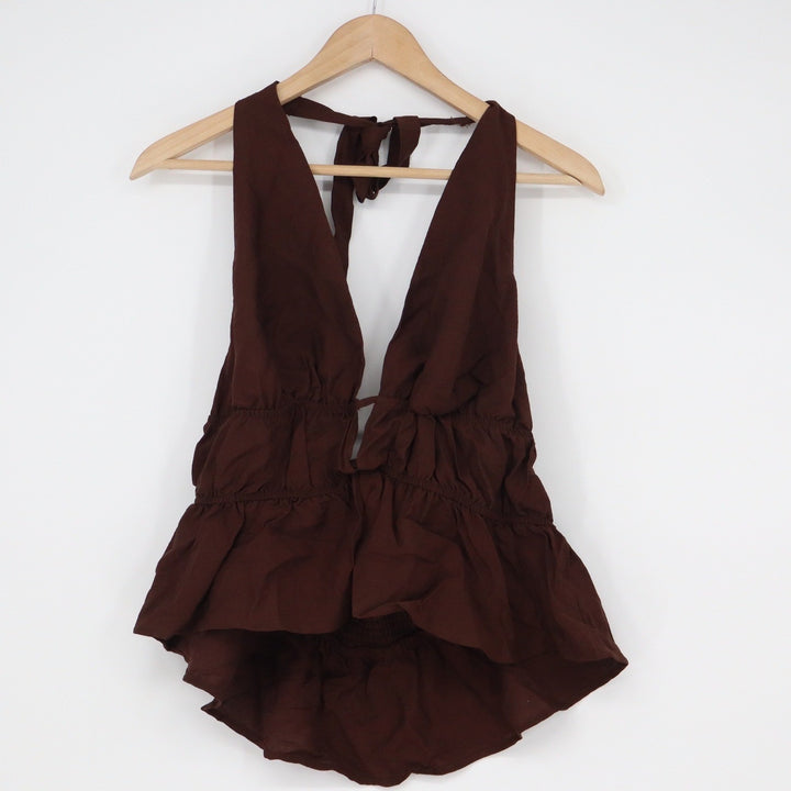 SHEIN Curve Brown Halter Peplum Top Plunging Neckline Smocked Back Plus Size 0XL