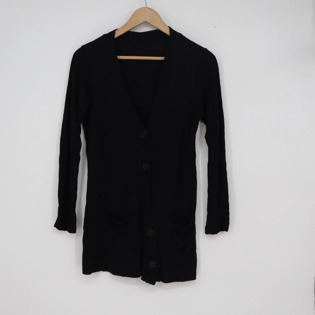 Womens Black Longline Button Front V-Neck Cardigan Sweater with Pockets Size S