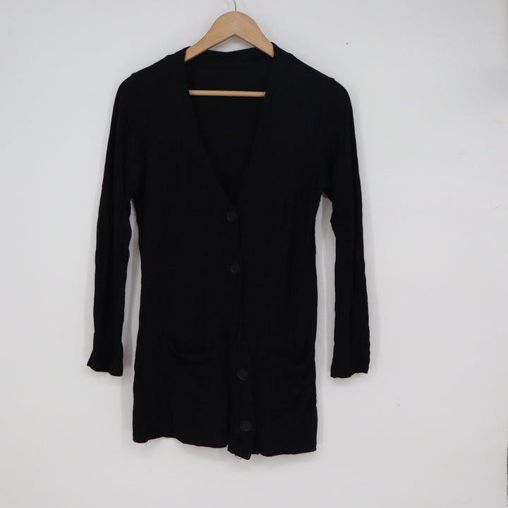 Womens Black Longline Button Front V-Neck Cardigan Sweater with Pockets Size S