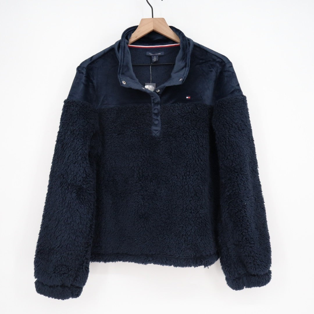 Tommy Hilfiger Sweatshirt Womens M Navy Stretch Sherpa Quarter Snap Long Sleeve