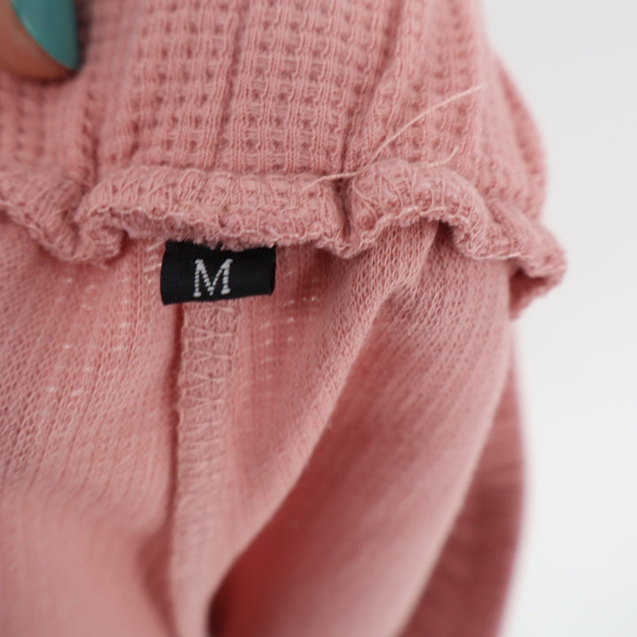 Shorts Womens Medium Rose Pink Waffle Knit Ribbed Slash Pockets Drawstring Waist