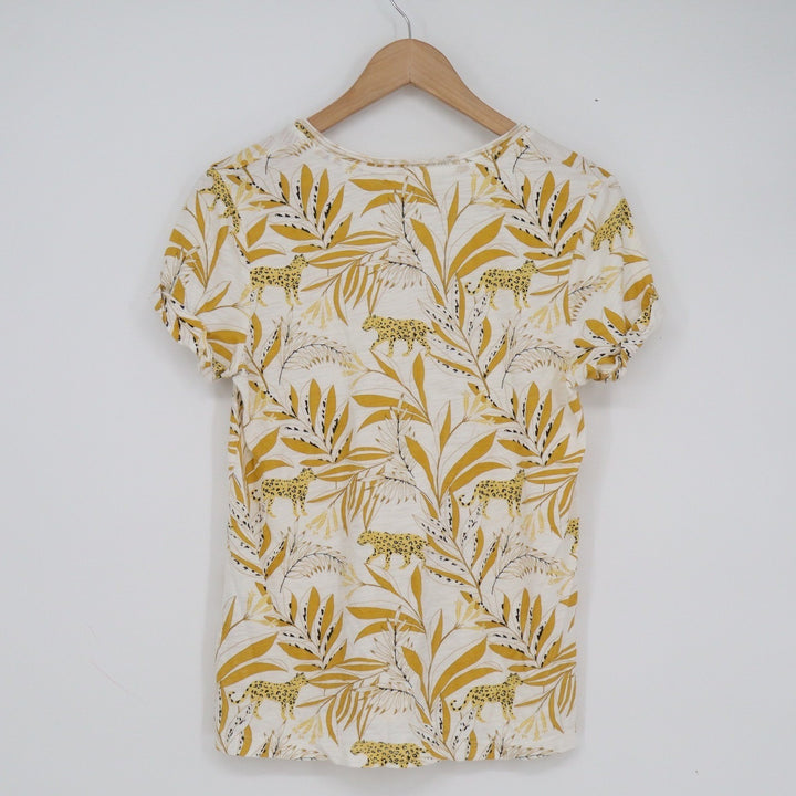 t.la Anthropologie Cheetah Palm Print V-Neck T-Shirt Yellow White XS Slub Knit