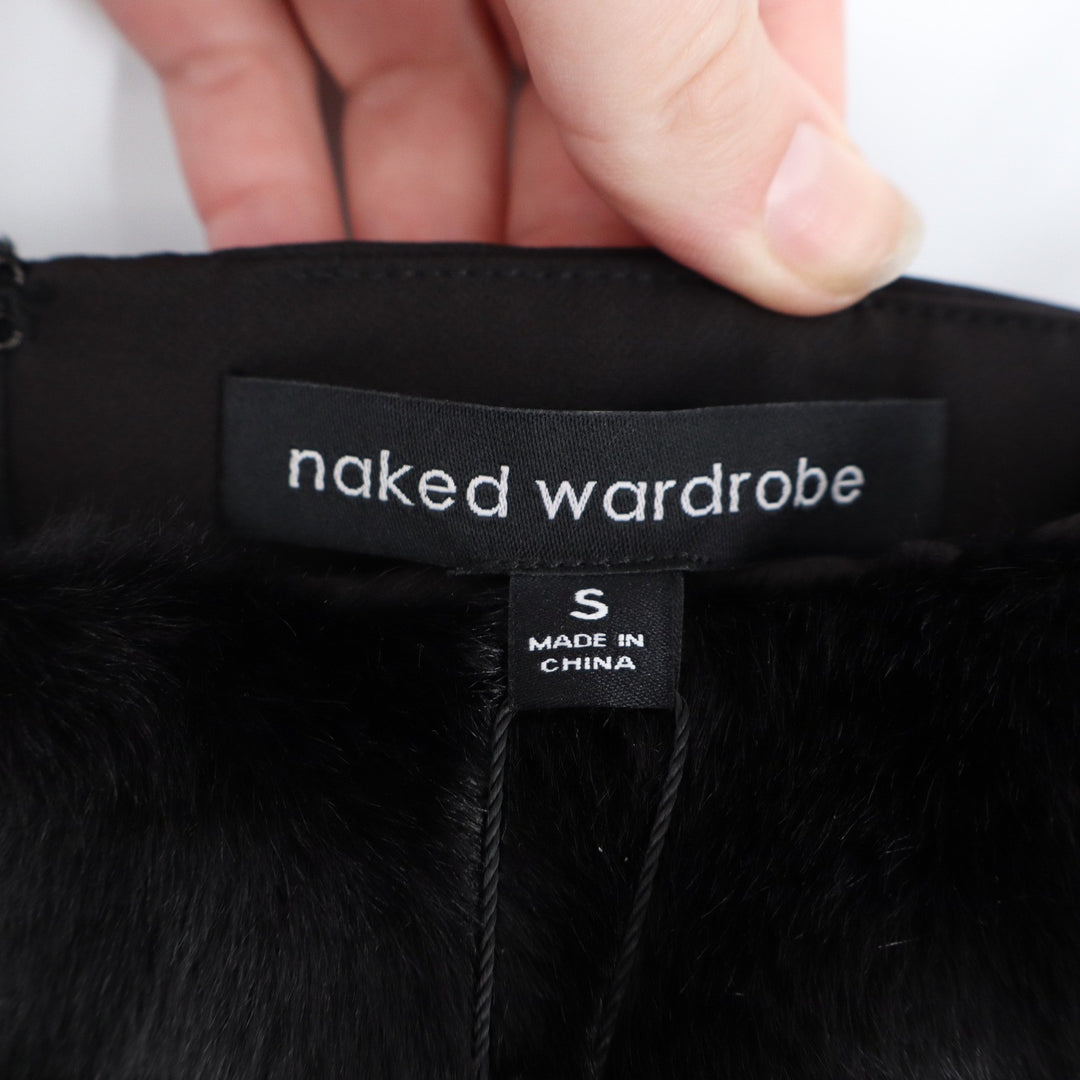 Naked Wardrobe Black Faux Fur Trim Cutout Mini Dress Small