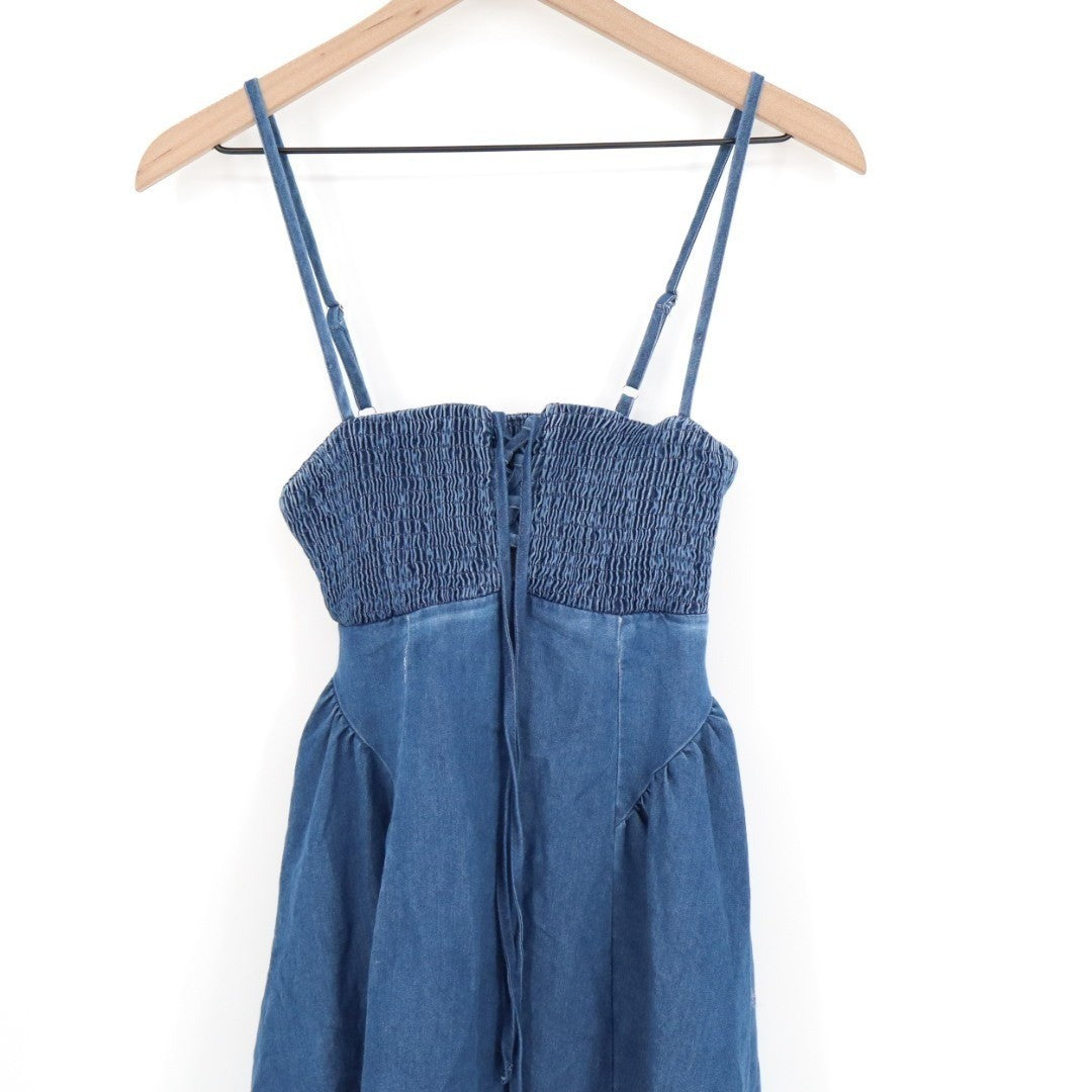 Lulus Laylie Midi Dress Womens XS Blue Medium Wash Denim Lace-Up Smocked Summer